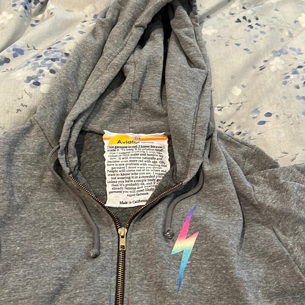 Aviator Nation Lightning Bolt hoodie - gray with ombré multicolor bolts - XL.